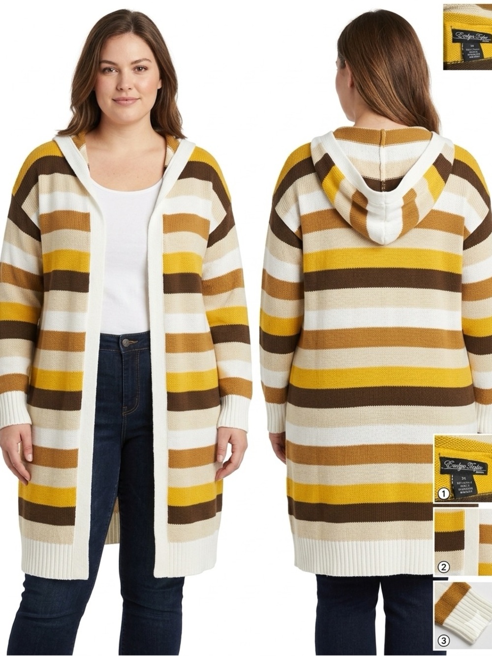 Evelyn Taylor Woman Plus Size 3X Striped Hooded Open Cardigan Duster Sweater